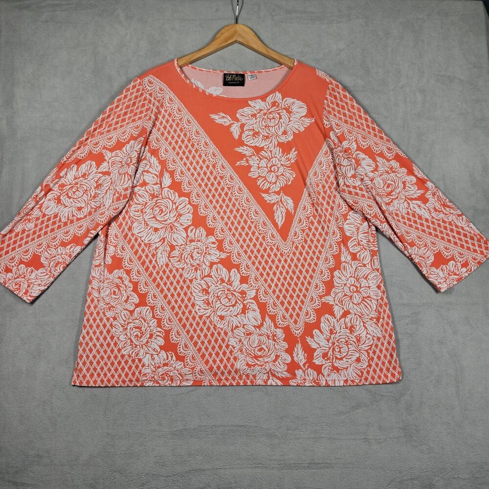 Bob Mackie Blouse 2X Floral Top Coral Artsy Workwear Stretch Career Feminine